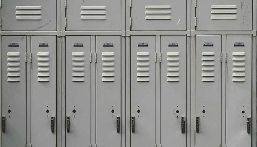 A row of grey, metal lockers.