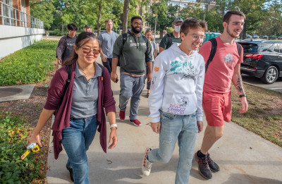 Students walking near the MSU library